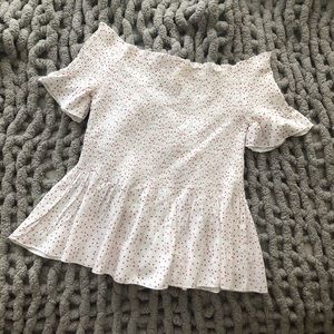 Red polka dot off the shoulder shirt